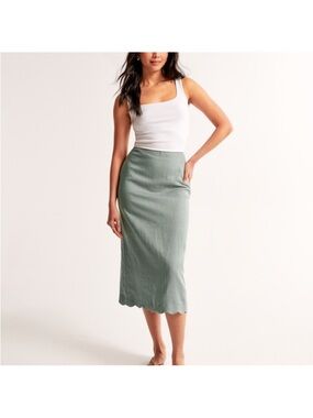 Abercrombie & Fitch Sage Green Scallop-Hem Midi Skirt